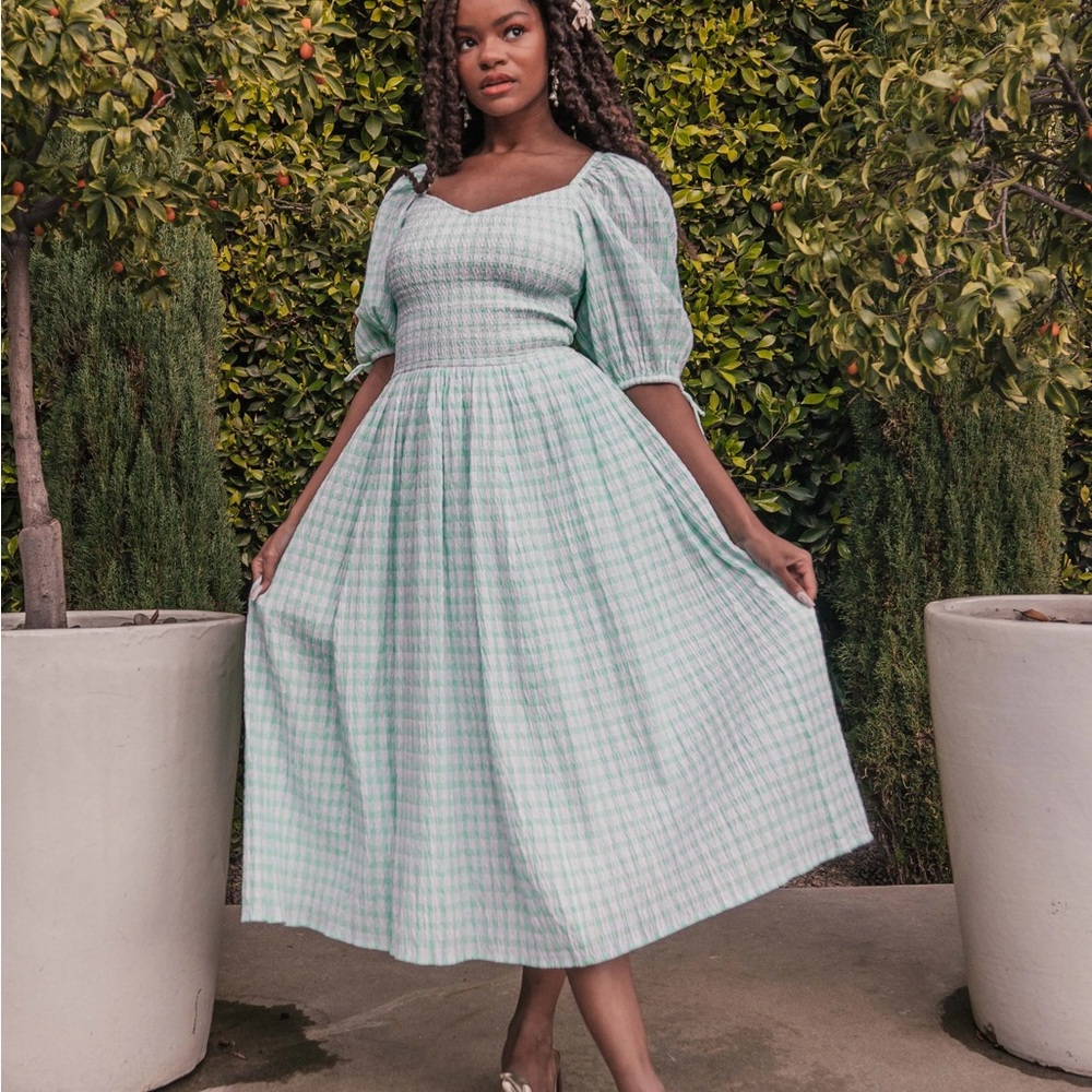 Mint Gingham Midi Dress with Puff Sleeves
